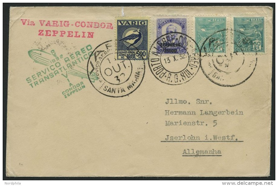 ZEPPELINPOST 190 BRIEF, 1932, 8. Südamerikafahrt, Brasil-Post, VARIG-Zubringerpost Mit 500 Rs. Dto., Brief Feinst - Zeppelins