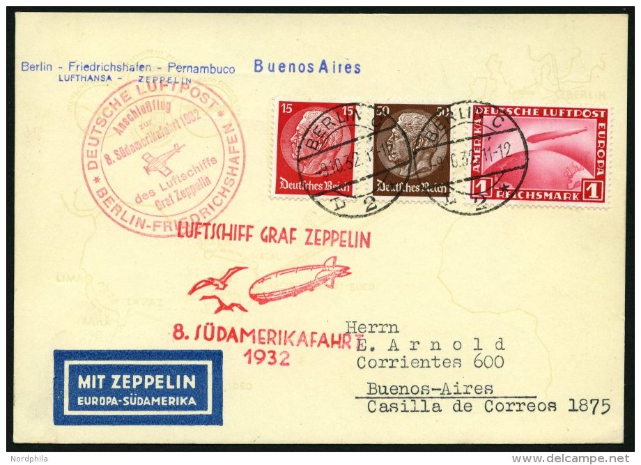 ZEPPELINPOST 189B BRIEF, 1932, 8. Südamerikafahrt, Anschlußflug Ab Berlin, Prachtkarte - Zeppelins