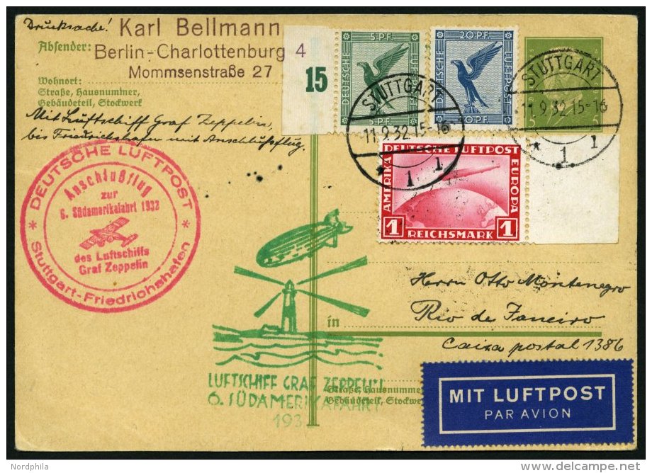 ZEPPELINPOST 177C BRIEF, 1932. 6. Südamerikafahrt, Anschlußflug Ab Stuttgart, Prachtkarte - Zeppelins