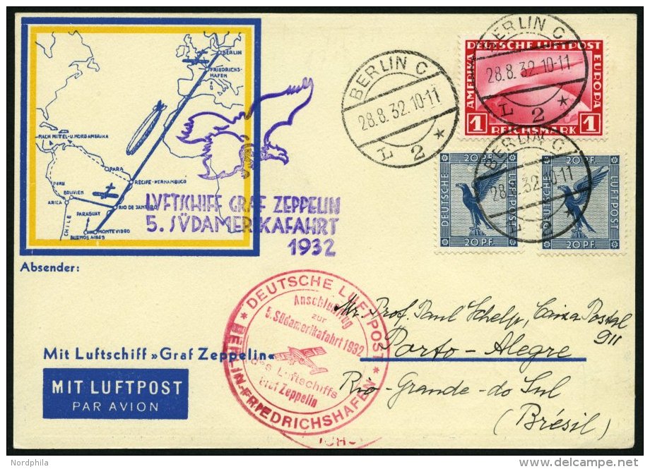 ZEPPELINPOST 171B BRIEF, 1932, 5. Südamerikafahrt, Anschlußflug Ab Berlin, Prachtkarte - Zeppelins