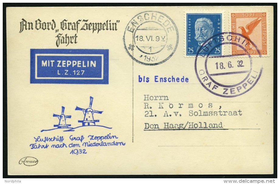 ZEPPELINPOST 164Ab BRIEF, 1932, Fahrt In Die Niederlande, Abgabe Enschede, Bordpost, Prachtkarte - Zeppelins