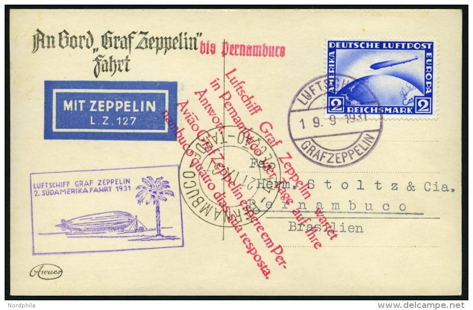 ZEPPELINPOST 129Bb BRIEF, 1931, 2. Südamerikafahrt, Bordpost Bis Brasilien, Prachtkarte - Zeppelins