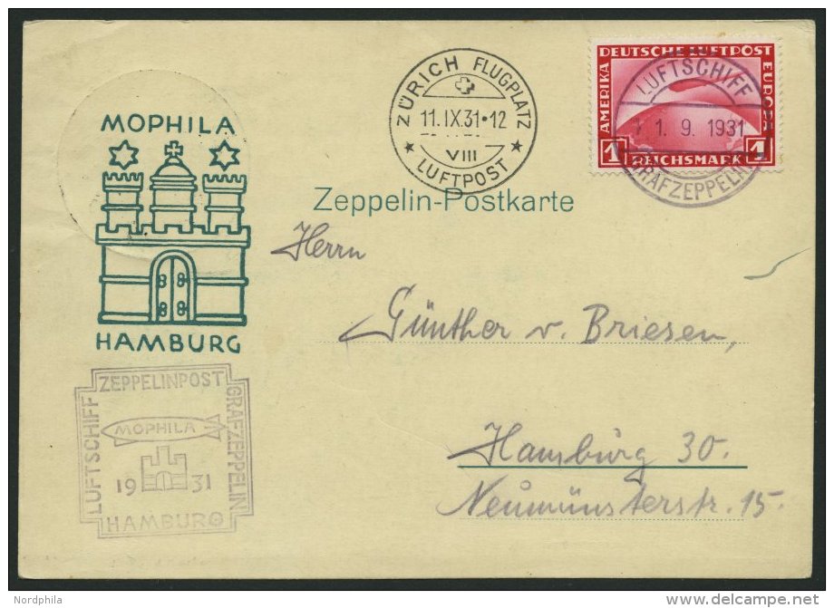 ZEPPELINPOST 127B BRIEF, 1931, Zürichfahrt, Bordpost Mit Zusatzstempel In Type I Auf Sonderkarte Der Mophila Hambur - Zeppelins