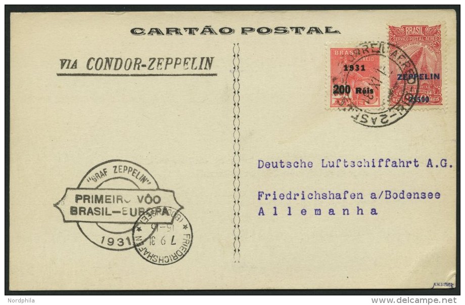 ZEPPELINPOST 125A BRIEF, 1931, 1. Südamerikafahrt, Brasil-Post, Schwarzer Bestätigungsstempel, Frankiert Mit 2 - Zeppelins