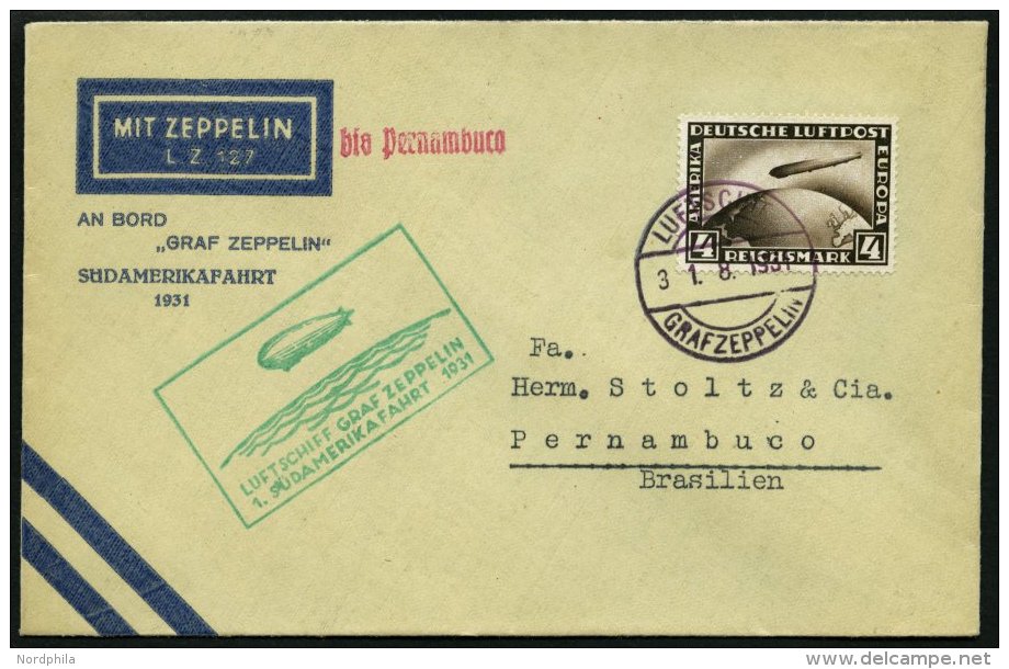 ZEPPELINPOST 124Bb BRIEF, 1931, 1. Südamerikafahrt, Bis Pernambuco, Bordpost, Prachtbrief - Zeppelins