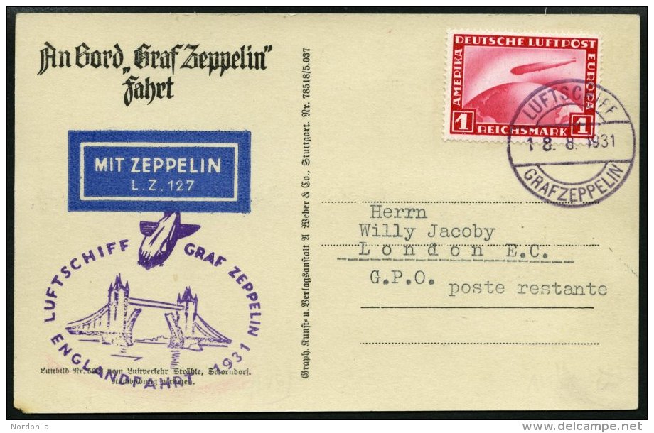 ZEPPELINPOST 122Ab BRIEF, 1931, Englandfahrt, Bordpost, Frankiert Mit 1 RM, Prachtkarte - Zeppelins