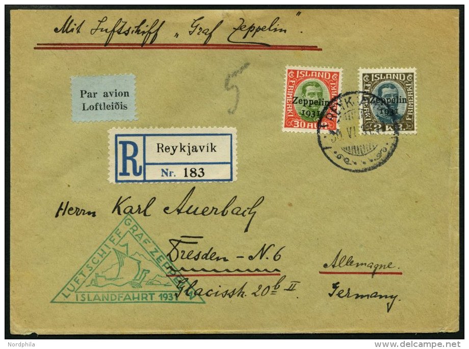 ZEPPELINPOST 114D BRIEF, 1931, Islandfahrt, Isländische Post, Mit 30 Aur Und 2 Kr., Einschreibbrief, Pracht - Zeppelins