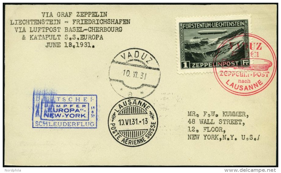 ZEPPELINPOST 110 BRIEF, 1931, Fahrt Vaduz-Lausanne, Anschließend Für Katapultflug Am 18.6.1931 Nach New York - Zeppelins
