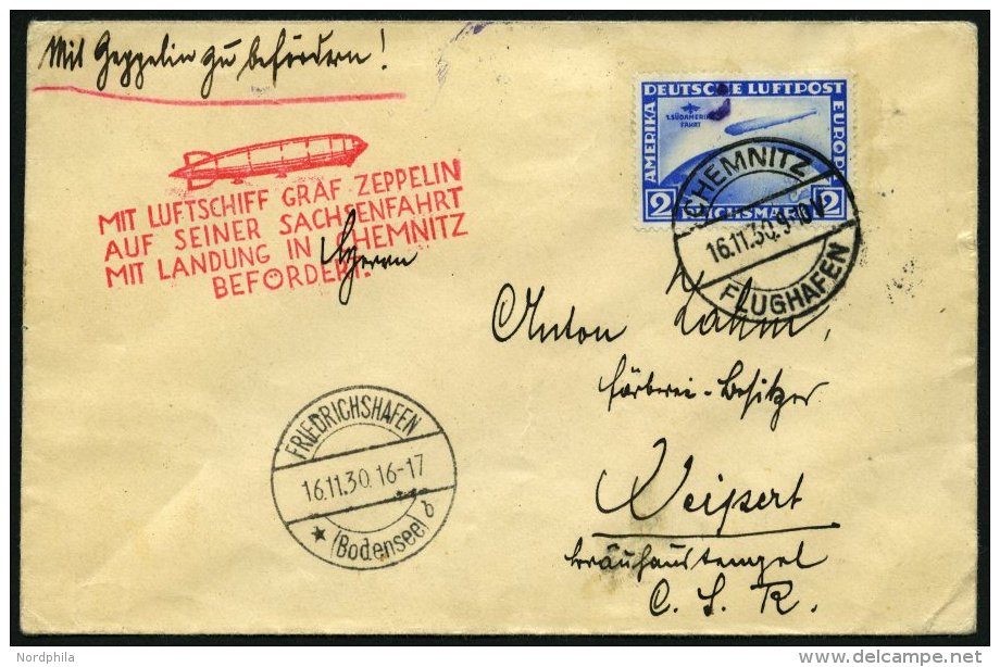 ZEPPELINPOST 100Ba BRIEF, 1930, Sachsenfahrt, Chemnitz-Fr`hafen, Auflieferung Chemnitz, Frankiert Mit 2 RM Südameri - Zeppelins