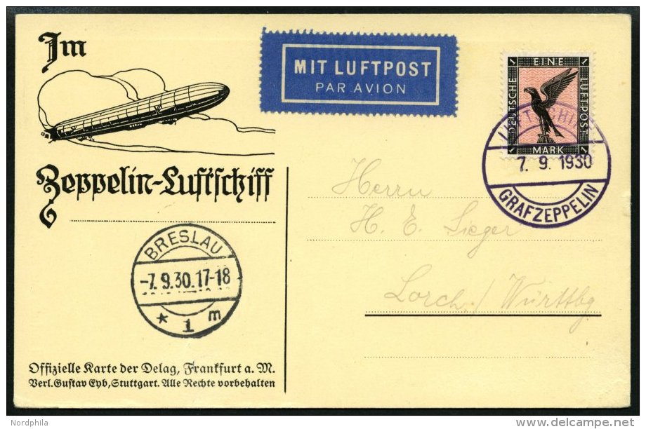 ZEPPELINPOST 83Aa BRIEF, 1930, Fahrt Nach Breslau, Bordpost, Karte Feinst - Zeppelins