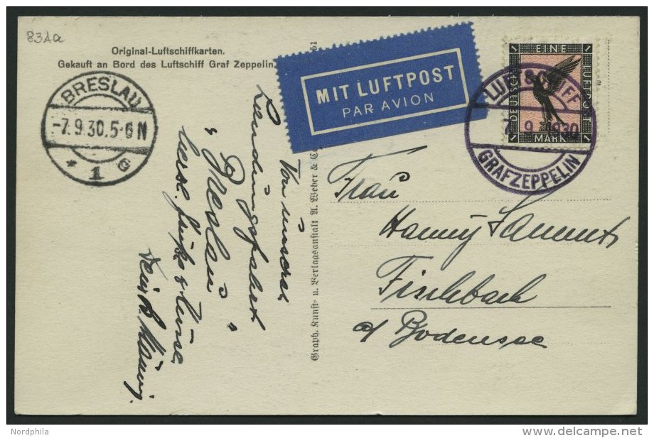 ZEPPELINPOST 83Aa BRIEF, 1930, Fahrt Nach Breslau, Bordpost, Frankiert Mit Mi.Nr. 382, Prachtkarte Von A. Sammt An Seine - Zeppelins