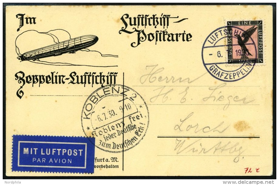 ZEPPELINPOST 72h BRIEF, 1930, Fahrt In Das Befreite Rheinland, Abwurf Koblenz, Bordpost, Karte Feinst (minimal Fleckig - Zeppelins