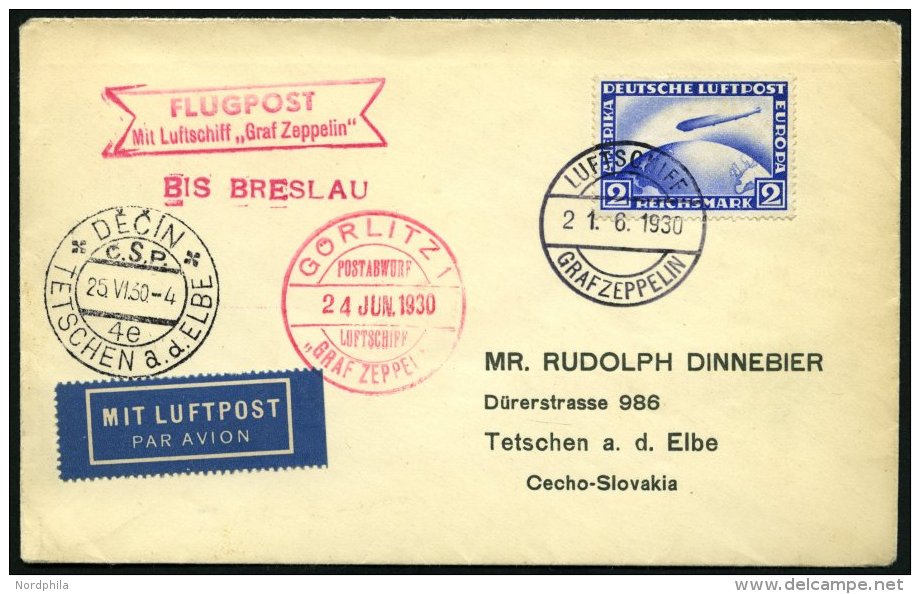 ZEPPELINPOST 69Bb BRIEF, 1930, Schlesienrundfahrt, Abwurf Görlitz, Bordpost, Frankiert Mit 2 RM, Prachtbrief Nach T - Zeppelins