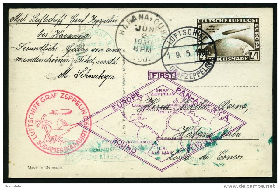 ZEPPELINPOST 57FF BRIEF, 1930, Südamerikafahrt, Bordpost, Post Nach Habana/Cuba, Prachtkarte - Zeppelins