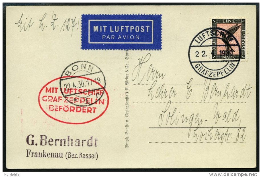 ZEPPELINPOST 54B BRIEF, 1930, Landungsfahrt Nach Bonn, Bordpost Der Hinfahrt, Prachtkarte - Zeppelins