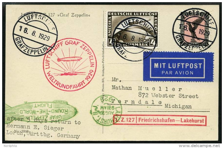 ZEPPELINPOST 30Bc BRIEF, 1929, Weltrundfahrt, Bordpost, Fr`hafen-Lakehurst, Frankiert Mit 4 RM, Prachtkarte - Zeppelins