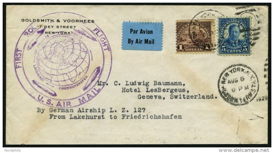 ZEPPELINPOST 28A BRIEF, 1929, Weltrundfahrt, US-Post, Lakehurst-Fr`hafen, Prachtbrief - Zeppelins