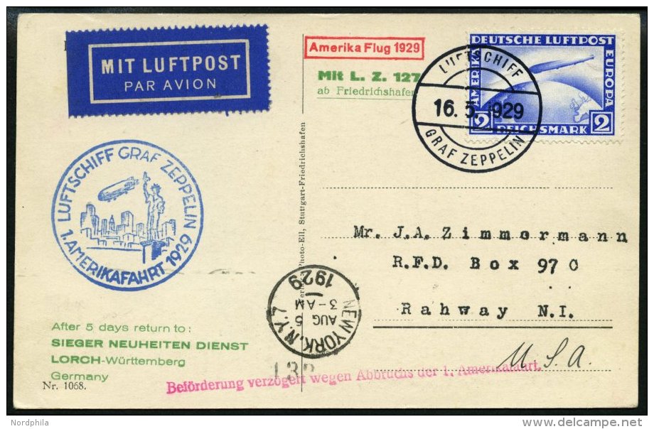 ZEPPELINPOST 26B BRIEF, 1929, Amerikafahrt, Bordpost, Frankiert Mit 2 RM, Prachtkarte - Zeppelins