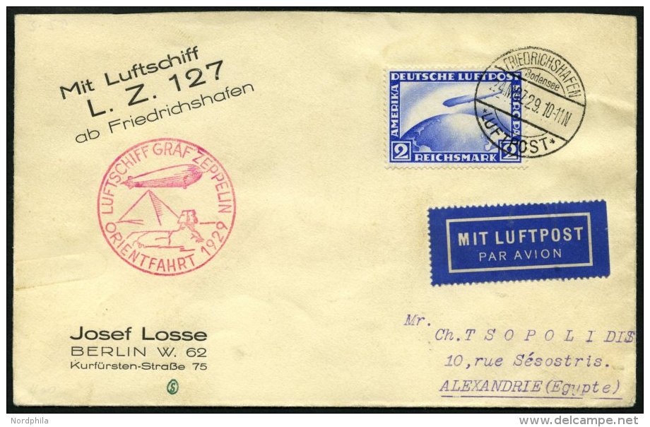 ZEPPELINPOST 23IA BRIEF, 1929, Orientfahrt, Auflieferung Fr`hafen, Frankiert Mit Einzelfrankatur 2 RM Auf Brief Nach Ale - Zeppelins