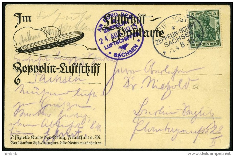 ZEPPELINPOST 8a BRIEF, 1913, Luftschiff Sachsen, Bordpoststempel Und Bordstempel Vom 24.8.13 Von Der Fahrt Leipzig - Sch - Zeppelins