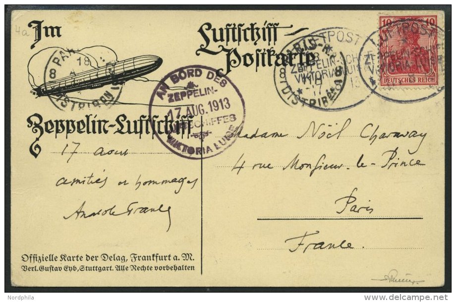 ZEPPELINPOST 4a BRIEF, 1913 Luftschiff Victoria-Luise, Bordpoststempel Und Bordstempel Vom 17.8.1913, Absender Anatole F - Zeppelins