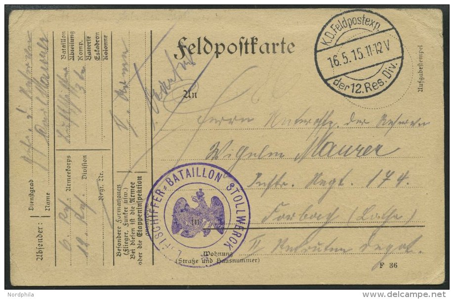 ZEPPELINPOST - MILITÄRLUFTSCHIFFAHRT 1915, LUFTSCHIFFER BATAILLON STOLLWERCK, Violetter Truppenstempel Auf Feldpost - Luchtpost & Zeppelin