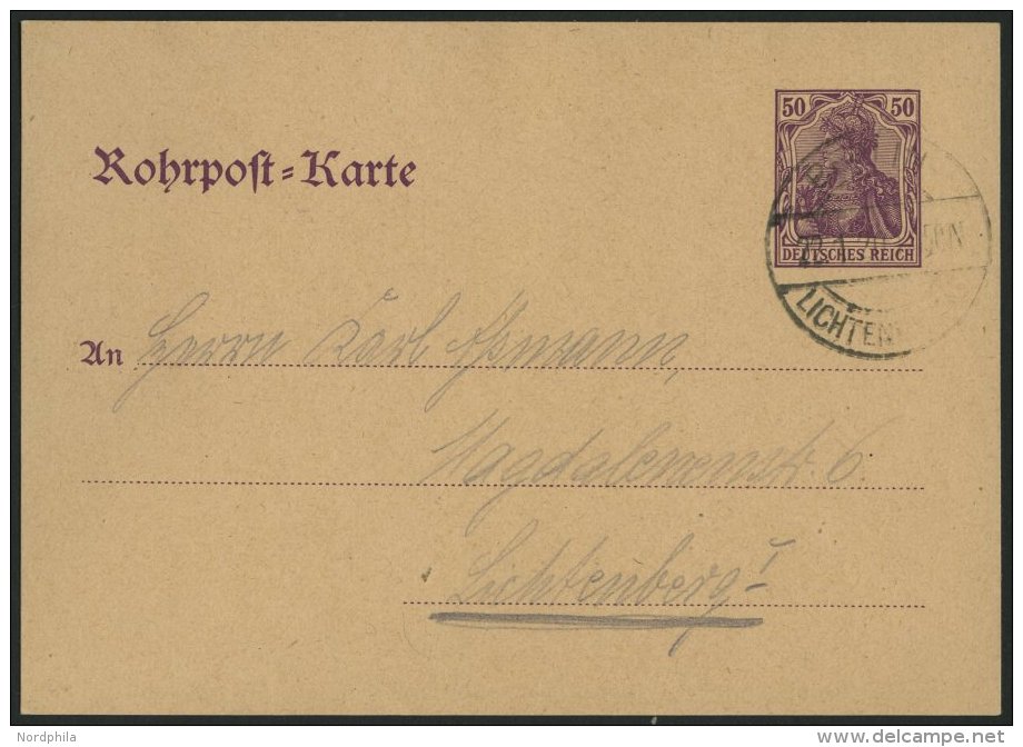 GANZSACHEN RP 20 BRIEF, 1920, 50 Pf. Dunkellila, Rohrpostkarte Nach Lichtenberg, Pracht, Mi. 120.- - Other & Unclassified