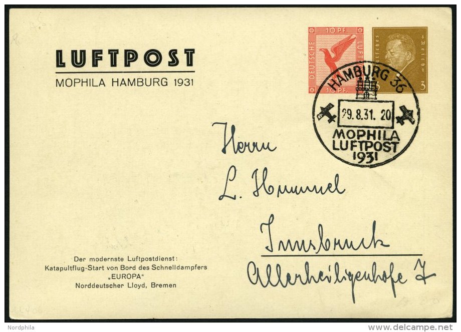 GANZSACHEN PP 93C1 01 BRIEF, Privatpost: 1931, 10 Pf. Neben 3 Pf. Hamburg Mophila, Katapultflug-Start Von Bord Des Schne - Other & Unclassified