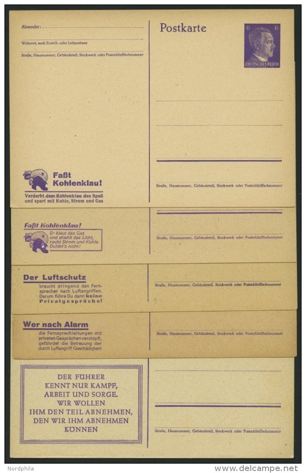 GANZSACHEN P312/1-3,7,9 BRIEF, 1943, 6 Pf. Violett Hitler Mit 5 Verschiedenen Propagandavordrucken, Ungebraucht, 4 Prach - Other & Unclassified