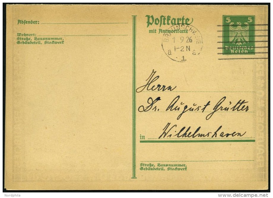 GANZSACHEN P 167I BRIEF, 1926, 5/5 Pf. Grün, Ungezähnt, Mit Zudruck Frauboes Klassen-Lotterie, Stempel BRAUNSC - Other & Unclassified