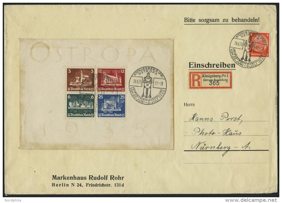 Dt. Reich Bl. 3 BRIEF, 1935, Block OSTROPA Mit Sonderstempel Und 8 Pf. Zusatzfrankatur Auf Einschreibbrief, Sonderstempe - Used Stamps