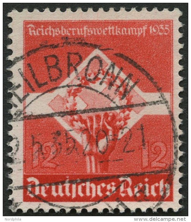 Dt. Reich 572y O, 1935, 12 Pf. Reichsberufswettkampf, Waagerechte Gummiriffelung, Pracht, Mi. 75.- - Used Stamps