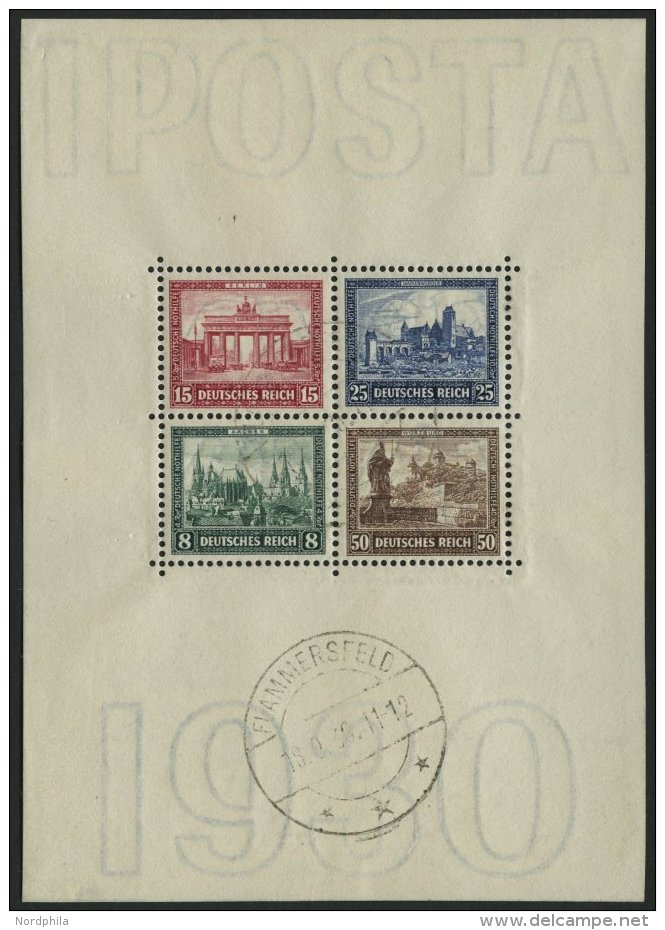 Dt. Reich Bl. 1 O, 1930, Block IPOSTA, Formatverkleinert (45x64), Stempel FLAMMERSFELD, Marken Pracht, Fotobefund H.D. S - Used Stamps