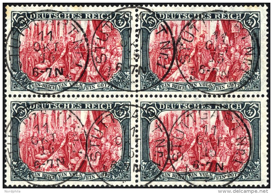 Dt. Reich 97AIb VB O, 1906, 5 M. Friedensdruck, Karmin Quarzend, Im Viererblock, Pracht, Gepr. Dr. Oechsner - Used Stamps