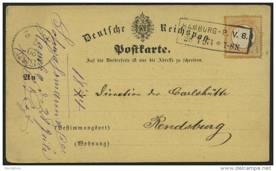 Dt. Reich 18 BRIEF, 1874, 1/2 Gr. Orange Auf Postkarte Mit R2 HAMBURG-P.V.6, Nach Rendsburg, Feinst - Used Stamps