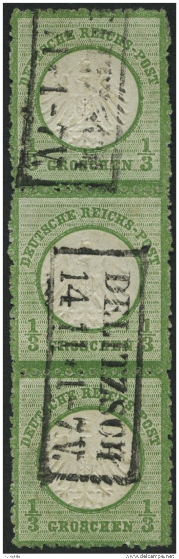 Dt. Reich 2b O, 1872, 1/3 Gr. Dunkelsmaragdgrün Im Senkrechten Dreierstreifen, Rauhe Durchstichartige Zähnung, - Used Stamps