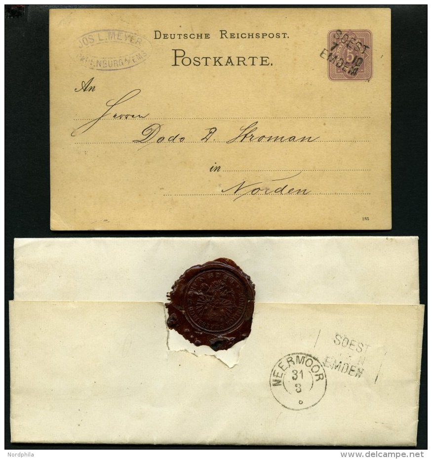 BAHNPOST Soest-Emden, L3 Auf 5 Pf. Ganzsachenkarte Von 1885 Und Als Ankunftsstempel Auf Brief Von 1872, Vorderseitig Han - Franking Machines (EMA)