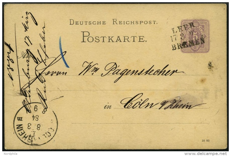 BAHNPOST DR P 12 BRIEF, Leer-Bremen, L3 Auf 5 Pf. Ganzsachenkarte Von 1884, Pracht - Franking Machines (EMA)