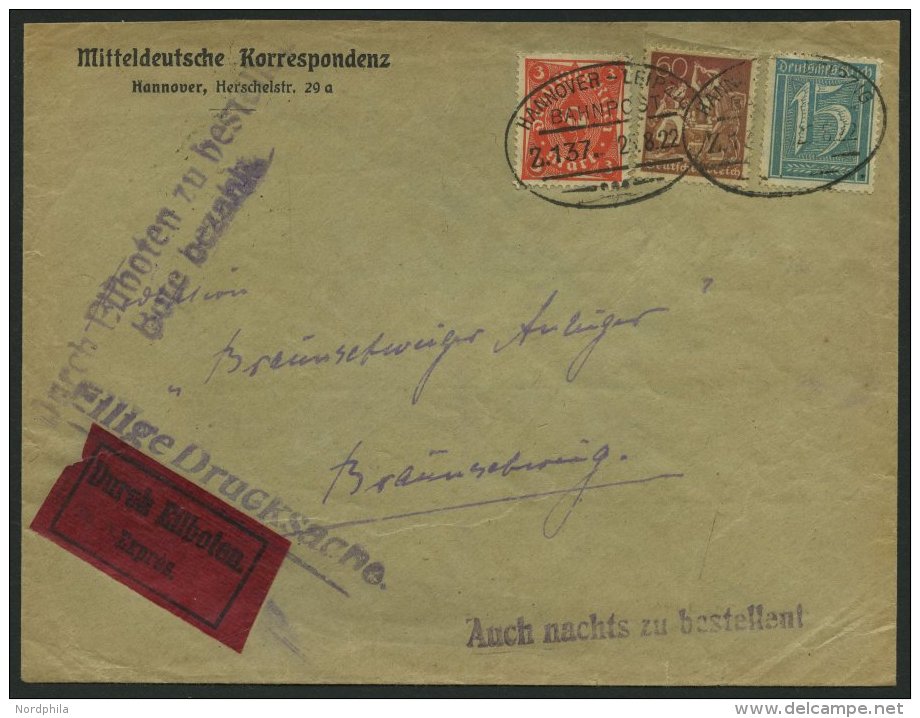 BAHNPOST DR 165,179,225 BRIEF, Hannover-Leipzig (Zug 137) Auf Eilbotenbrief Mit 3 M., 15 Und 60 Pf. Inflation Von 1922, - Franking Machines (EMA)