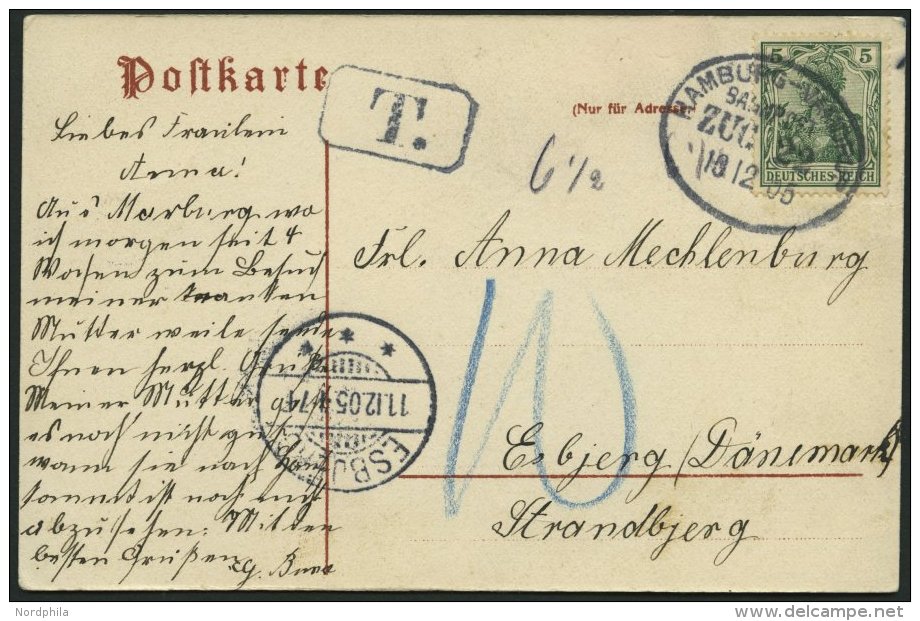 BAHNPOST DR 85 BRIEF, Hamburg-Vandrup (Zug 22) Auf Ansichtskarte (Marburg) Von 1905 Nach Esbjerk/Dänemark Mit 5 Pf. - Franking Machines (EMA)