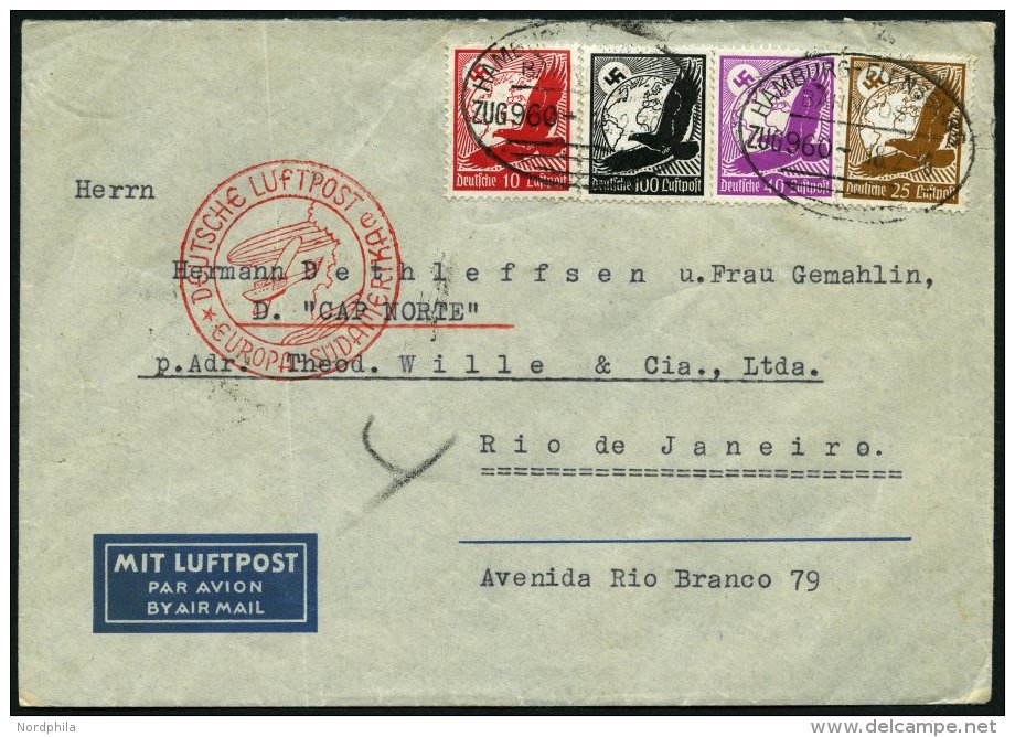 BAHNPOST Hamburg-Flensburg (Zug 960), 1936, Auf Luftpostbrief Nach Rio De Janeiro, Feinst - Franking Machines (EMA)