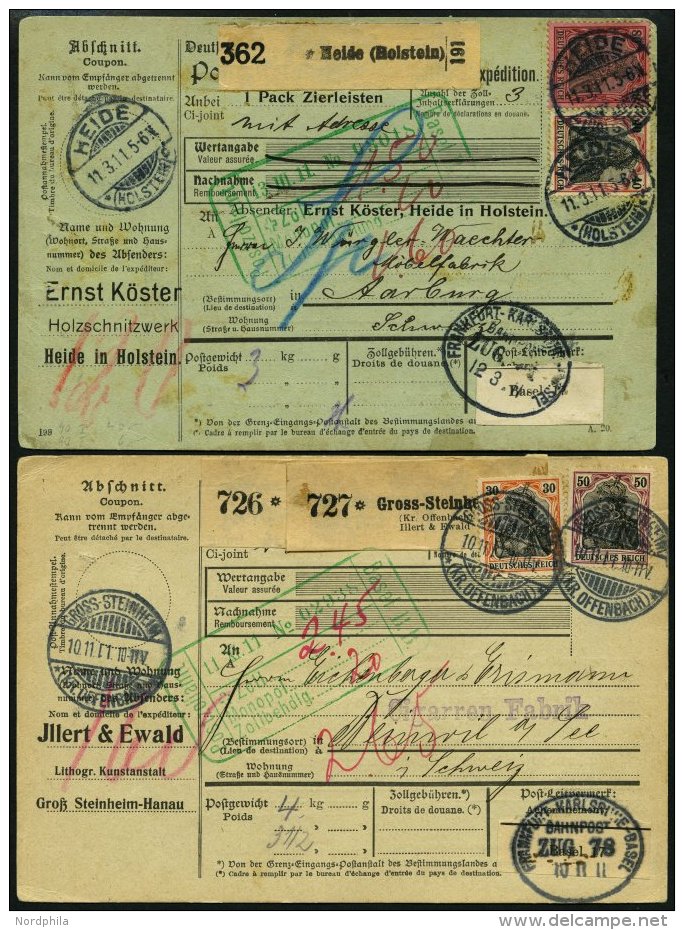 BAHNPOST Frankfurt-Karlsruhe-Basel, 1911, Auf 2 Auslands-Paketkarten In Die Schweiz, Feinst - Franking Machines (EMA)