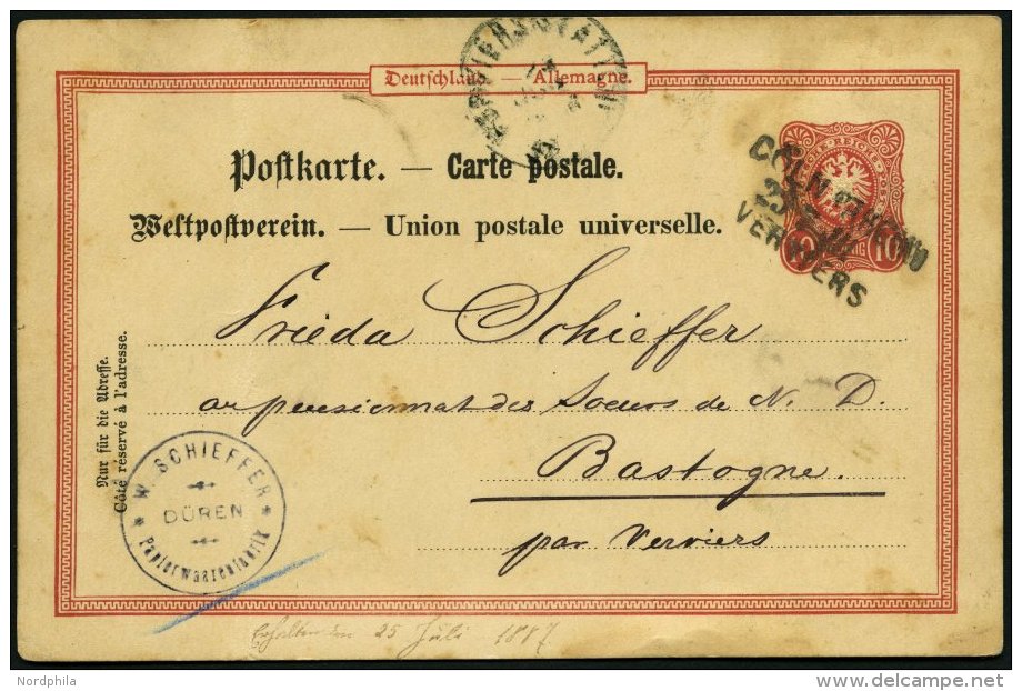 BAHNPOST DR P 14 BRIEF, Cöln-Verriers, L3 Und Firmenstempel DÜREN Auf 10 Pf. Ganzsachenkarte Von 1887, Feinst - Franking Machines (EMA)