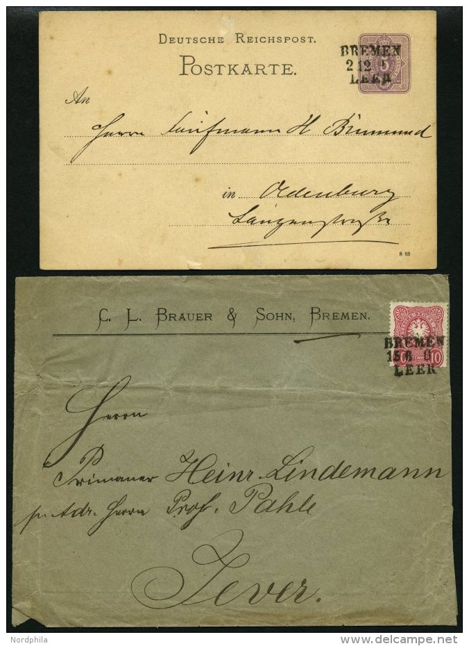 BAHNPOST DR 41 BRIEF, Bremen-Leer, L3 Auf 5 Pf. Ganzsachenkarte Von 1883 Und Brief Mit 10 Pf. Karmin Von 1882, Feinst - Machines à Affranchir (EMA)