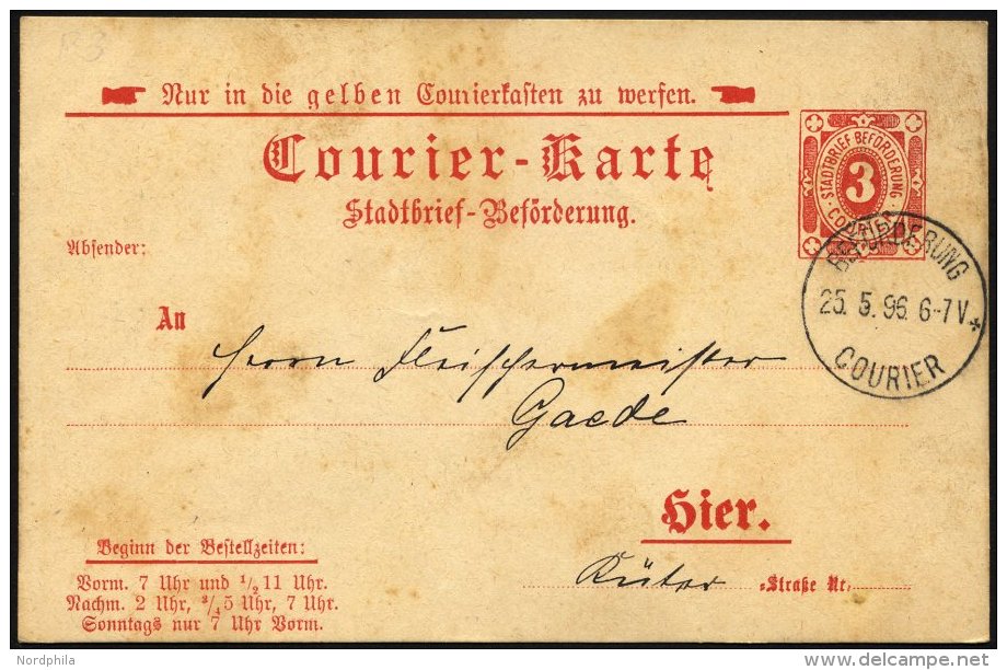 KIEL A P 3 BRIEF, COURIER: 1895, 3 Pf. Rot, Ohne Rahmen, Stempel 25.5.96, Karte Minimal Fleckig Sonst Pracht - Private & Local Mails