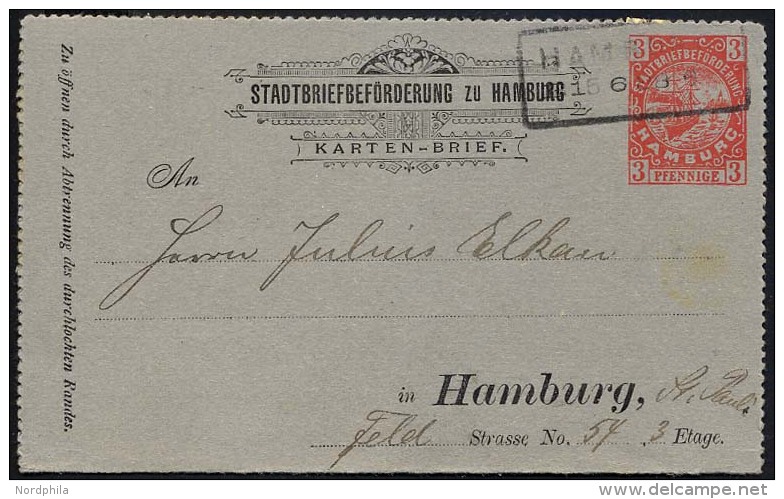 HAMBURG D K 1 BRIEF, HAMMONIA I: 1887, Kartenbrief, 3 Pf. Rot Auf Blaugrau, R2, Pracht - Private & Local Mails