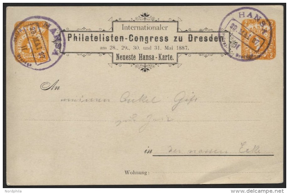 DRESDEN C P 3 BRIEF, HANSA: 1887, 2 Pf. Philatelisten-Kongreß Mit Violettem Datumsstempel HANSA II Auf Prachtkarte - Private & Local Mails