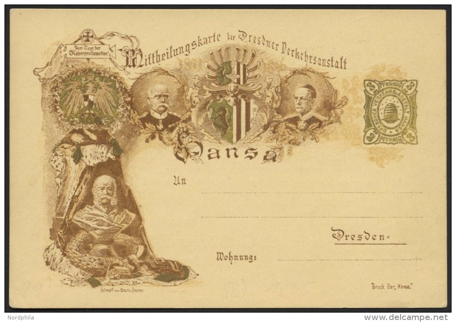 DRESDEN C P 57 BRIEF, HANSA: 1896, 3 Pf. Golden 25. Jahrestag Der Kaiserproklamation Wilhelm I., Druck Braun, Ungebrauch - Private & Local Mails