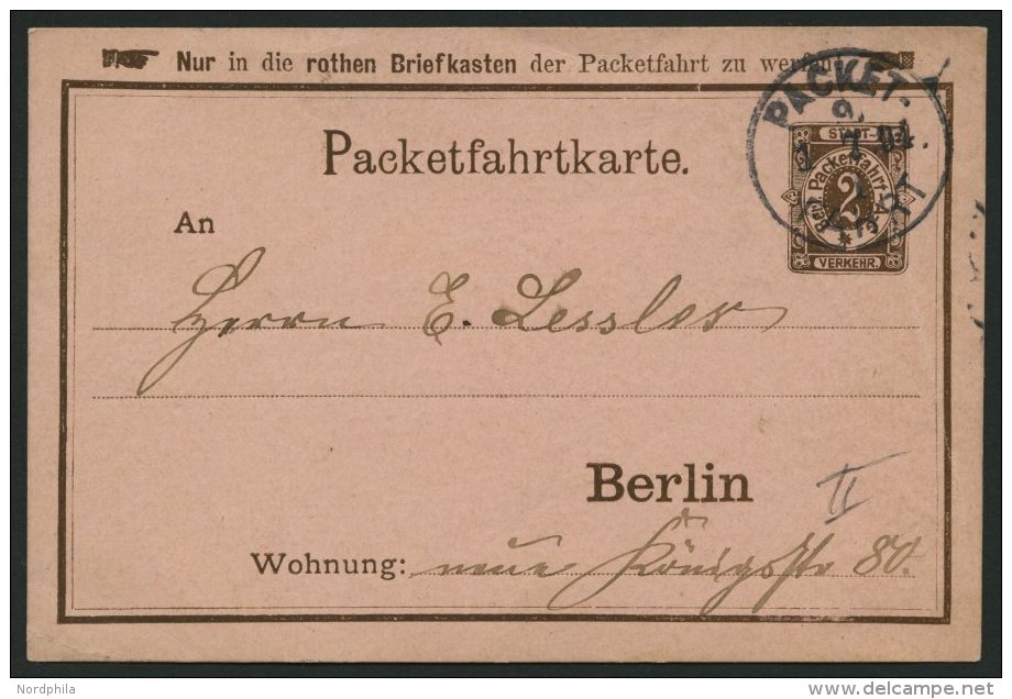 BERLIN B P BRIEF, PACKETFAHRT GESELLSCHAFT: 1894, 2 Pf. Braun Ganzsachen-Bedarfskarte, Karton Rosa, Pracht - Other & Unclassified