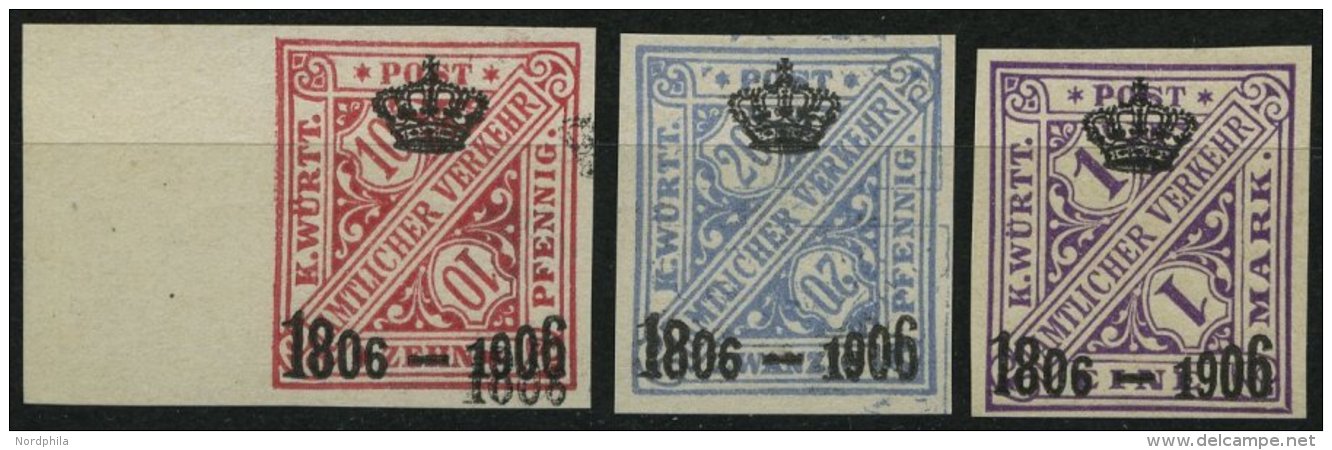 WÜRTTEMBERG 220/1,226PU2 (*), 1906, 10, 20 Pf. Und 1 M. 100 Jahre Königreich Auf Kanzleipapier, Ungezähnt - Other & Unclassified